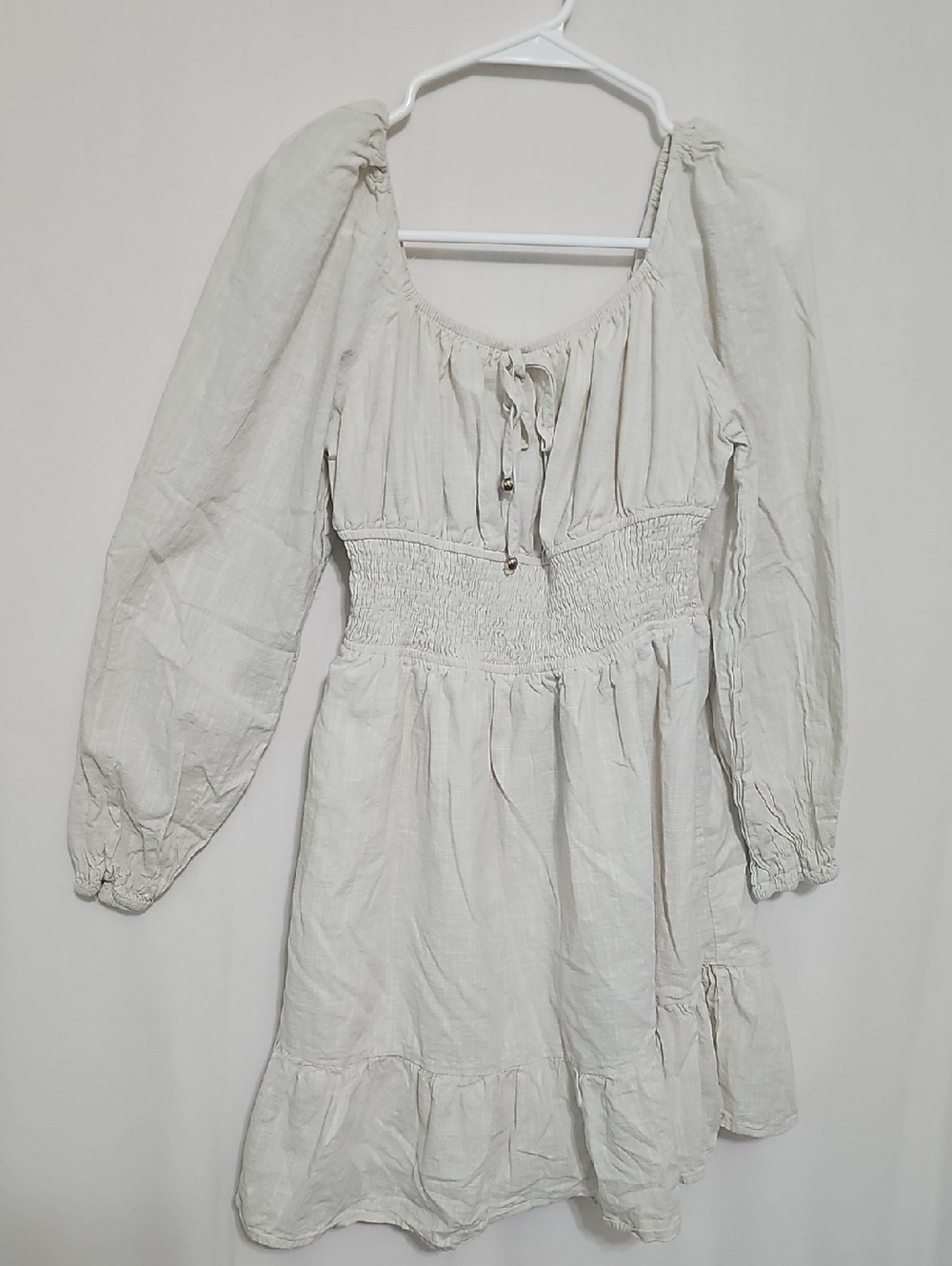 Handmaid, Babydoll, Smocked Waist Long Sleeve Mini Dress in Light Gray